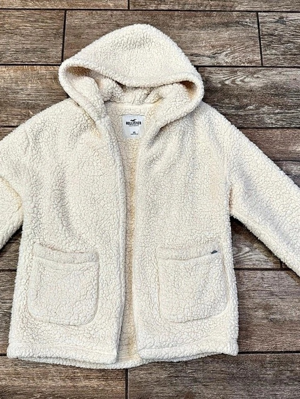 Hollister Sherpa-Lined Full-Zip Hoodie Teddy Jacket Cream XS Oversized